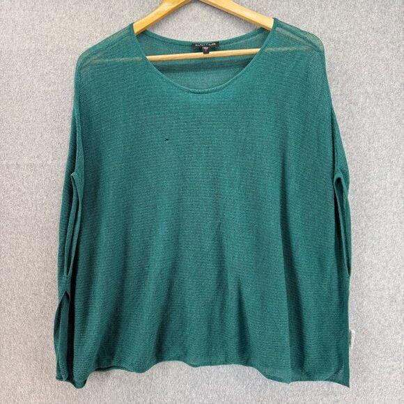Eileen Fisher Womens Large Wool Knit Short Sleeve Sweater Top Green Drape FLAWED - Picture 1 of 13